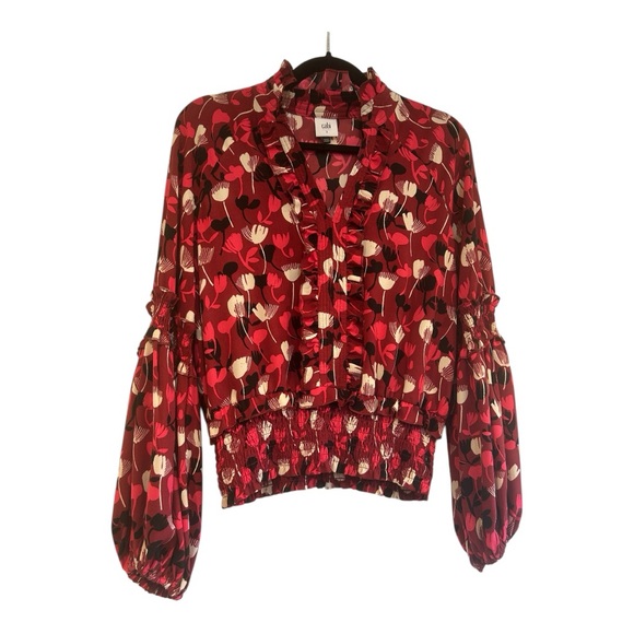 CAbi Tops - CAbi Corsage Blouse Womens Small Red Floral Bishop Sleeve Smocked Ruffle Top